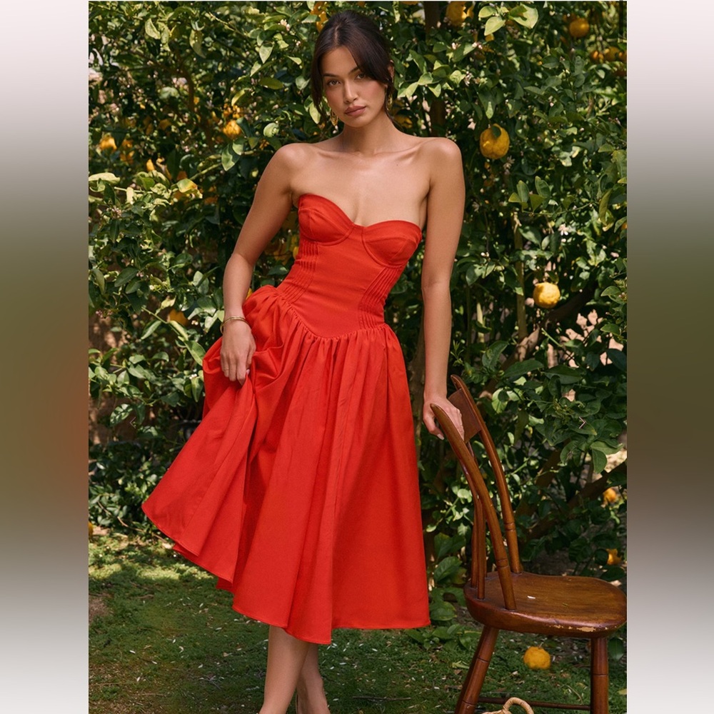 HOUSE OF CB 'Elizabeth' Italian Tomato Strapless Midi Sundress worn once